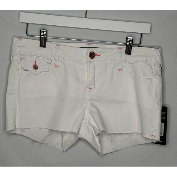 True Religion Pants - True Religion Joey Cut Off Shorts White Pink Stitch Low Rise Flap Pocket W29 NWT